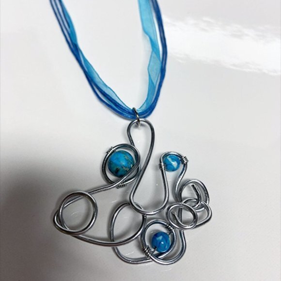 Exquisite Hand Crafted Stainless Steel Wire Necklace with Blue Dyed Jasper Bead - Picture 2 of 10
